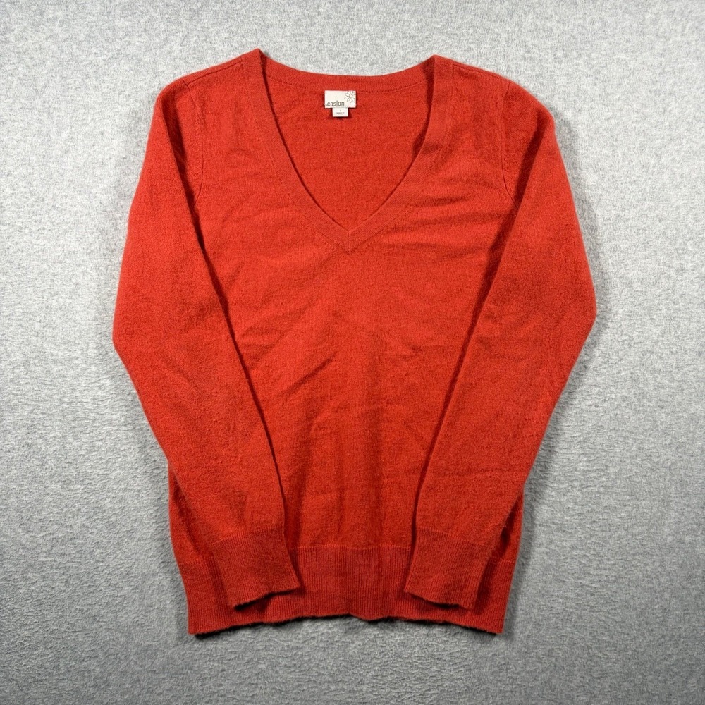 Caslon Sweater Women Large Orange V-Neck 100% Cashmere Long Sleeve Pullover